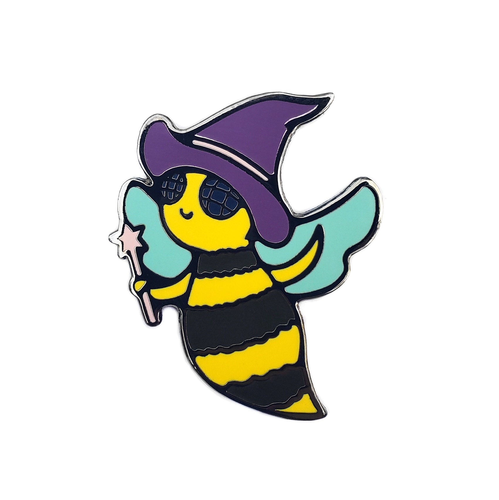 Kolorspun's Beewitched Golf Ball Marker features a cheerful cartoon bee in a purple witch hat, waving a star-tipped wand, with turquoise wings and dark glasses—a fun and unique golf gift for any player.