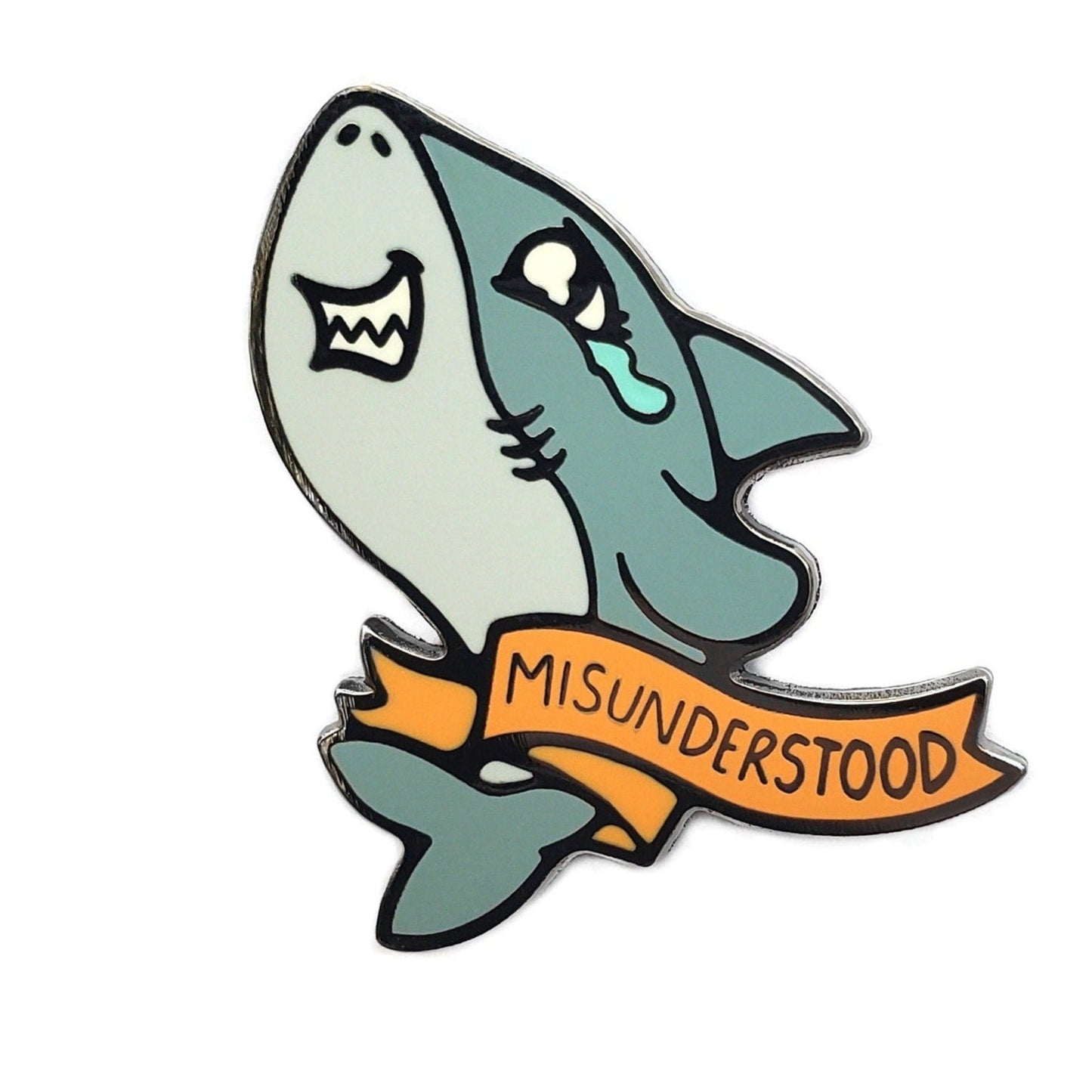 The Kolorspun Misunderstood Shark Golf Ball Marker features a cartoon shark with a teardrop and "MISUNDERSTOOD" banner, making it a unique golf gift or personalized marker.