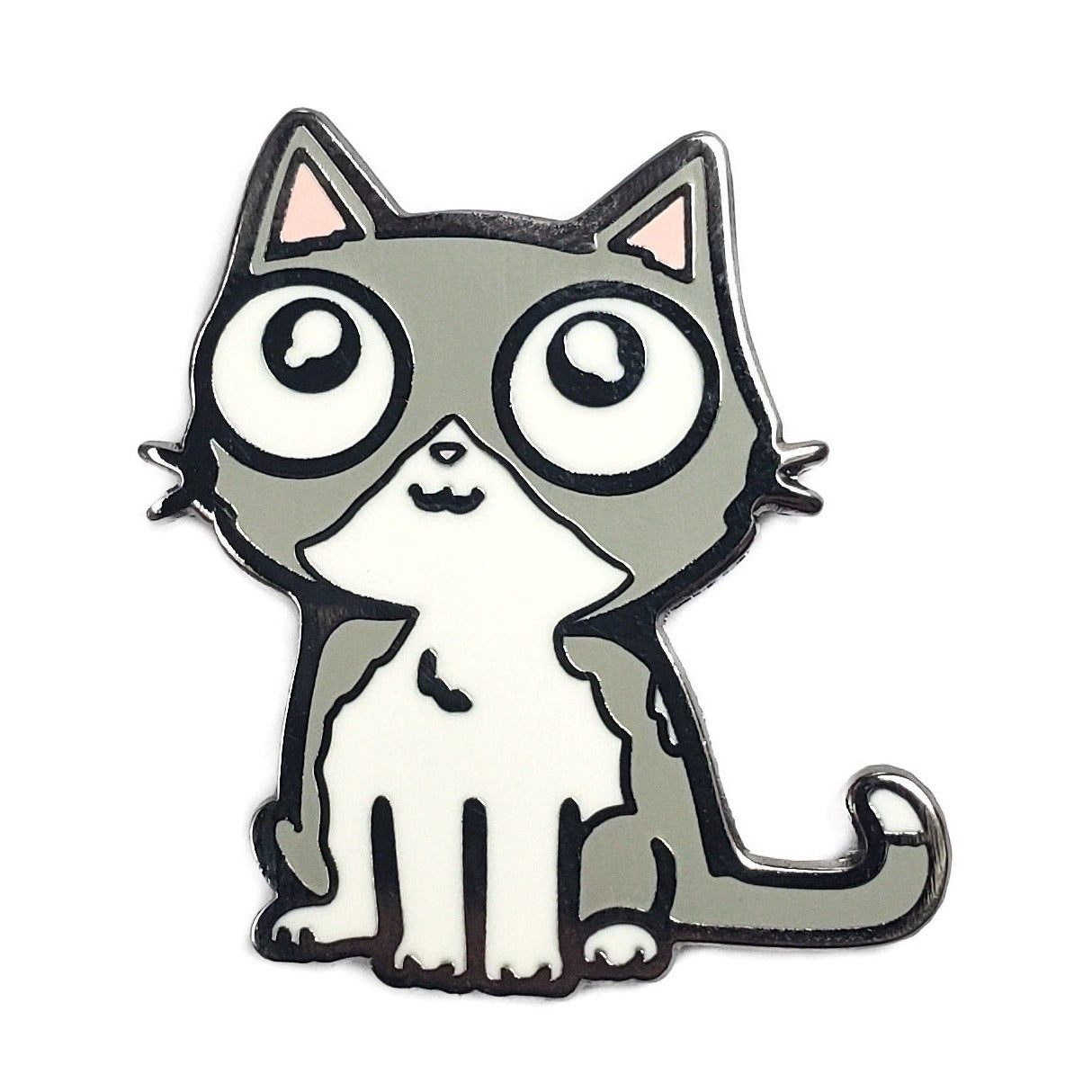 The Kolorspun Gray Cat Golf Ball Marker features a cartoon-style gray and white cat with big eyes and a small smile, sitting upright with its tail curled—a whimsical gift for any golfer.