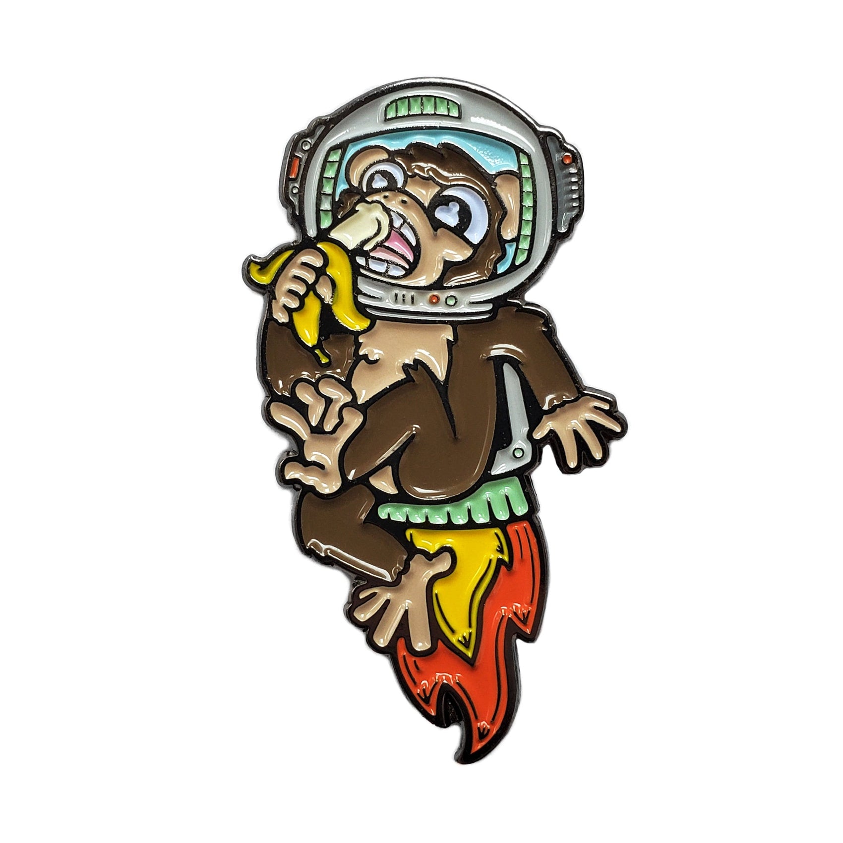 A cartoon monkey in a space helmet rides flames like a rocket, eating a banana and holding the Kolorspun Astronaut Chimp Golf Ball Marker, set against a white background.
