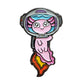 The Kolorspun Astronaut Axolotl Golf Ball Marker features a cute pink axolotl in a space helmet with blue visor, floating on fiery flames. This whimsical magnetic enamel pin is the perfect custom golf gift.