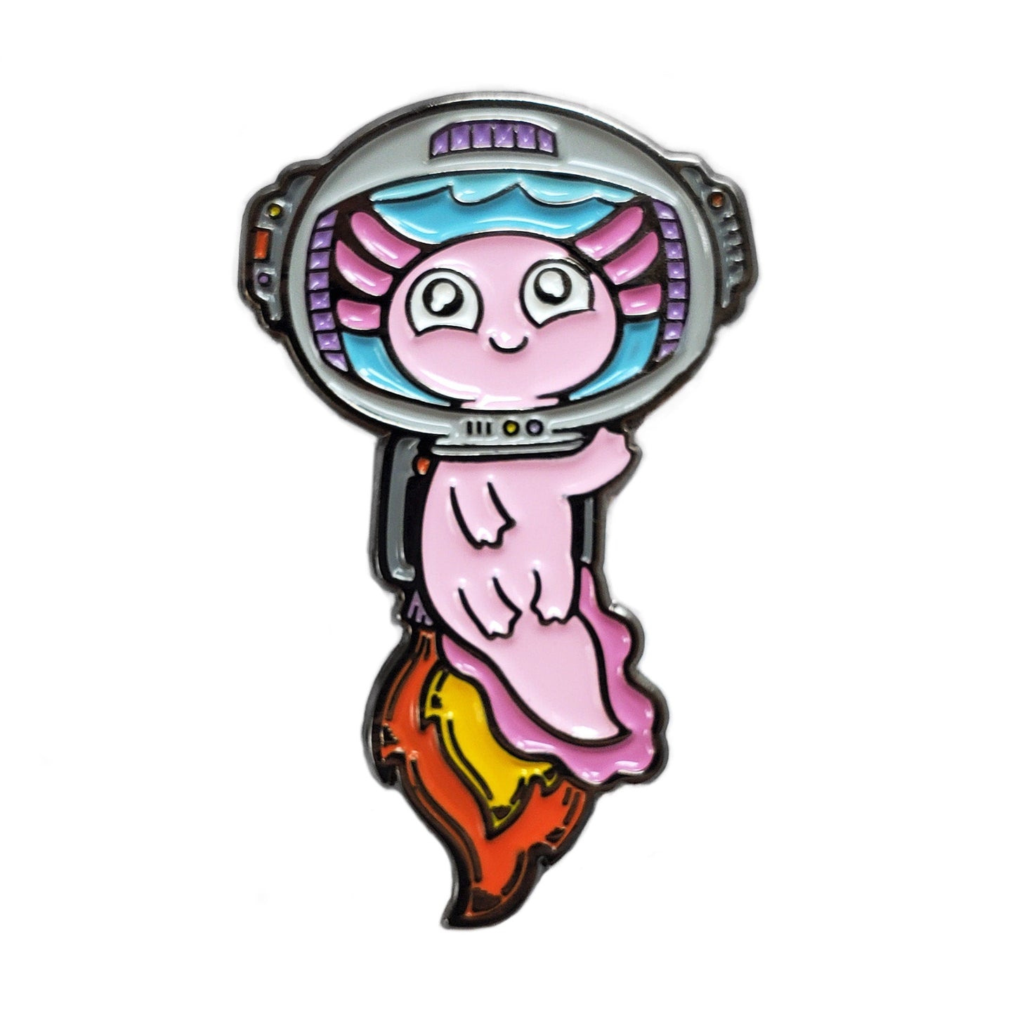 The Kolorspun Astronaut Axolotl Golf Ball Marker features a cute pink axolotl in a space helmet with blue visor, floating on fiery flames. This whimsical magnetic enamel pin is the perfect custom golf gift.