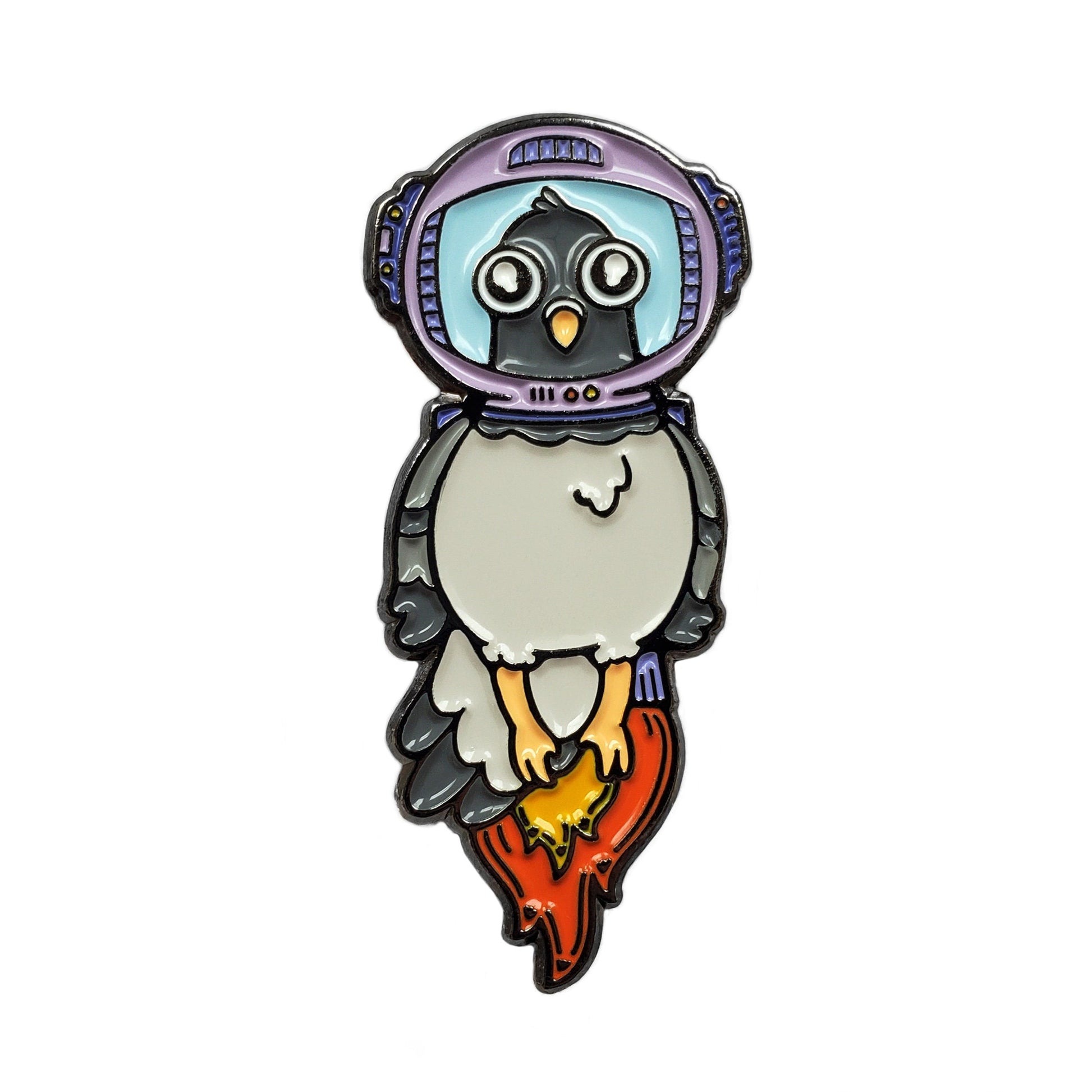 Kolorspun's Astronaut Pigeon Golf Ball Marker features a cartoon pigeon in a purple space helmet blasting off—a fun, unique gift for any golfer.