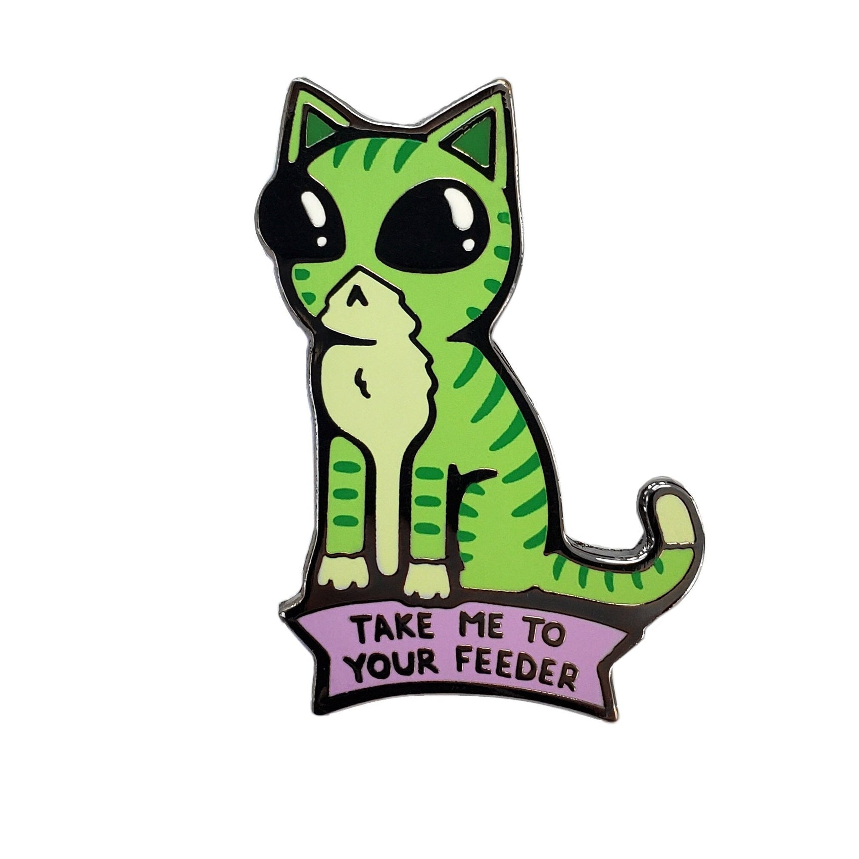 The Kolorspun Take Me To Your Feeder Cat Golf Ball Marker features a green cartoon cat with dark stripes and big black eyes above a purple "TAKE ME TO YOUR FEEDER" banner—purr-fect for cat-loving golfers.