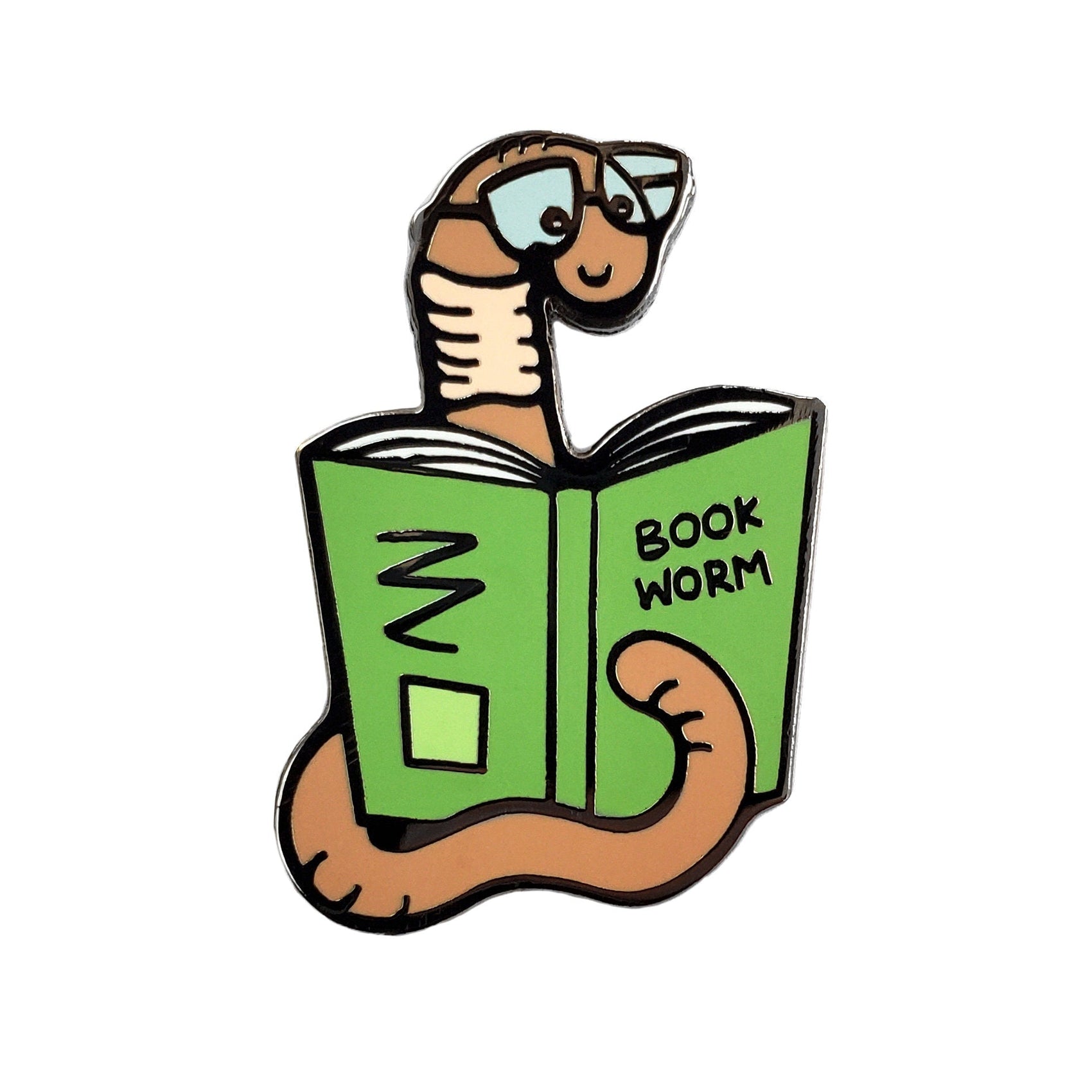 A cartoon worm with glasses smiles while reading a green book titled "Book Worm" on the Kolorspun Book Worm Golf Ball Marker—an ideal golf gift for book-loving golfers.