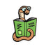 A cartoon worm with glasses smiles while reading a green book titled "Book Worm" on the Kolorspun Book Worm Golf Ball Marker—an ideal golf gift for book-loving golfers.