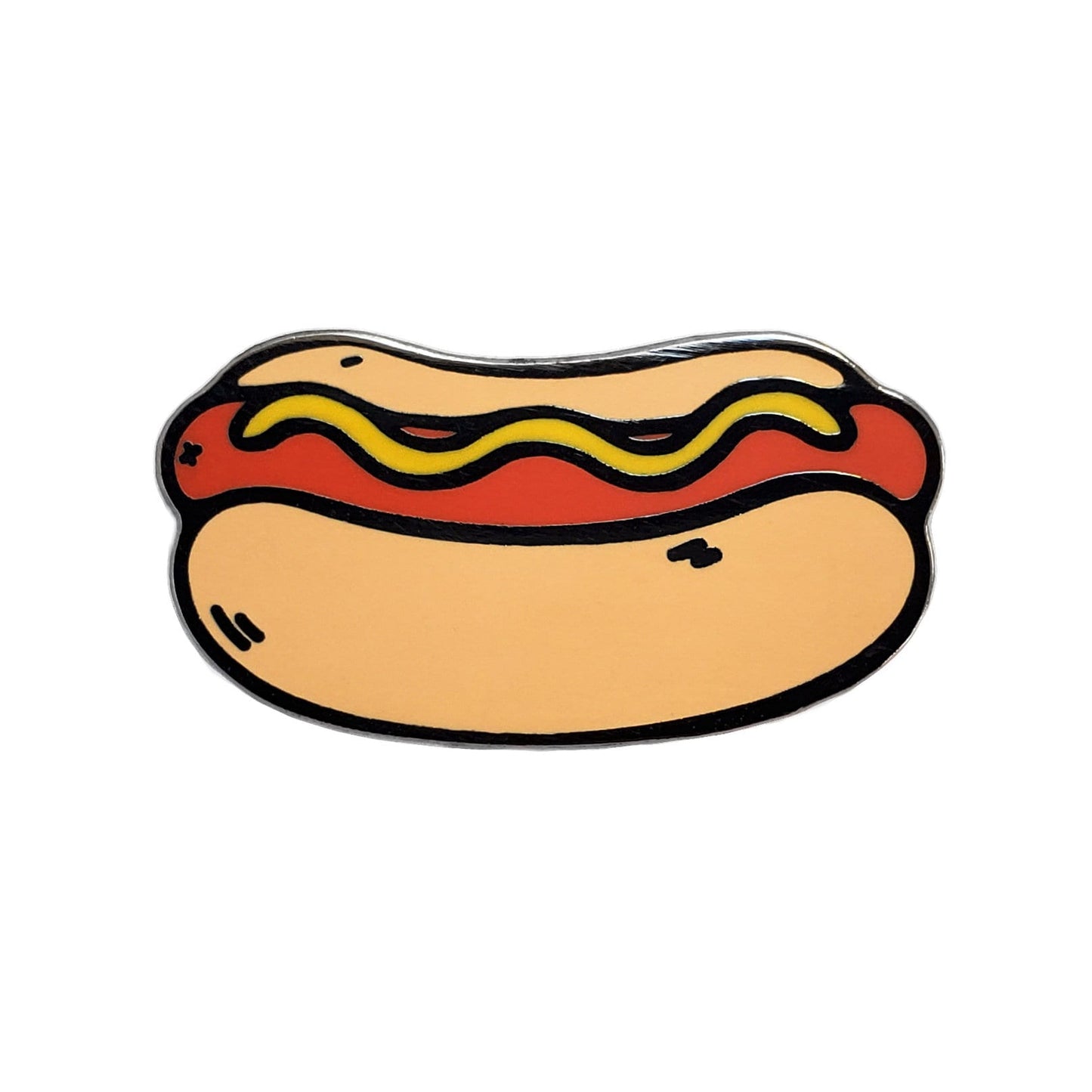 Kolorspun Hot Dog Golf Ball Marker features a cartoon hot dog in a bun with yellow mustard, outlined in black on a white background—perfect as a unique custom marker or fun golf gift.