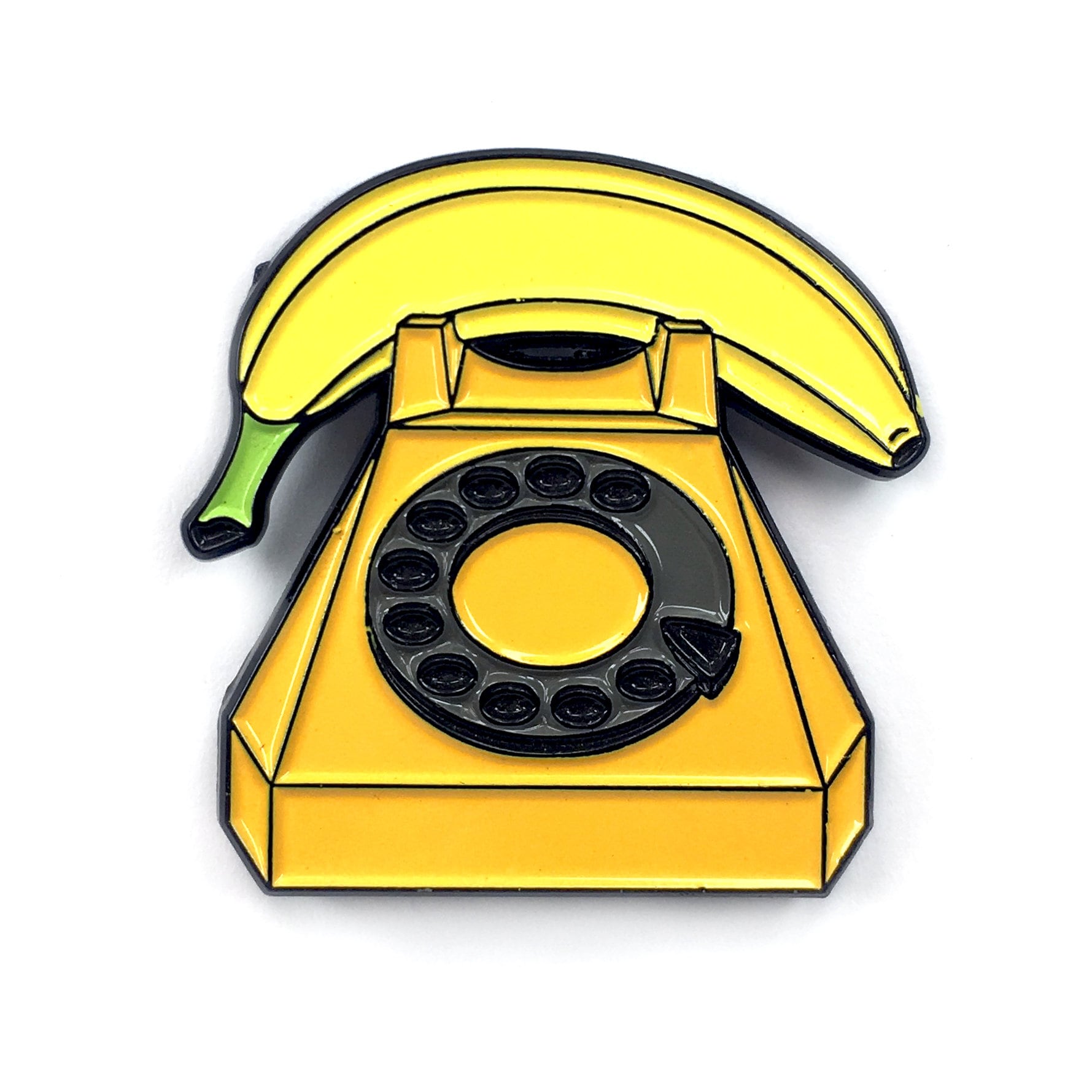 A quirky, cartoon-style image for Kolorspun's Banana Phone Golf Ball Marker, featuring a bright yellow banana atop a rotary phone—fun and unique, perfect as a novelty golf gift.
