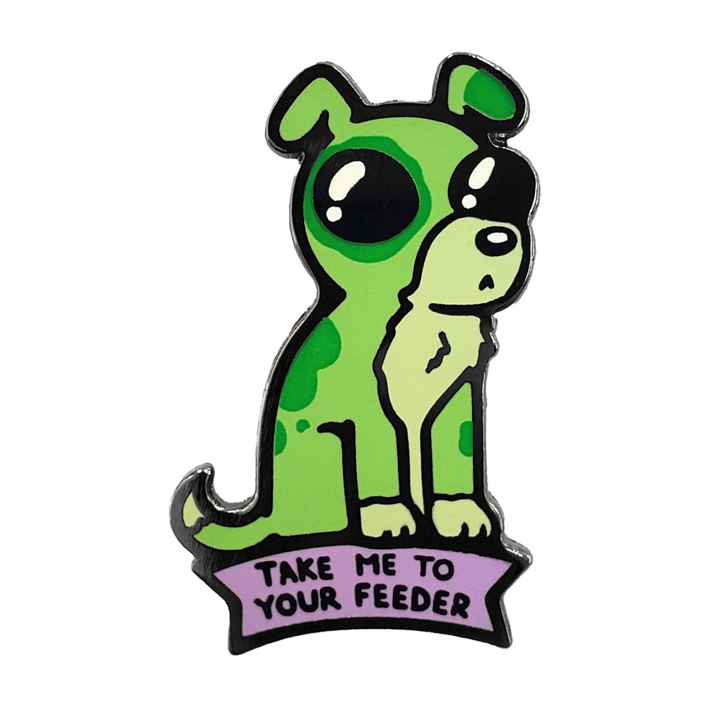 The Kolorspun Take Me To Your Feeder Dog Golf Ball Marker features a cartoon green dog and a purple banner, perfect as a custom golf gift or fun magnetic accessory for the course.