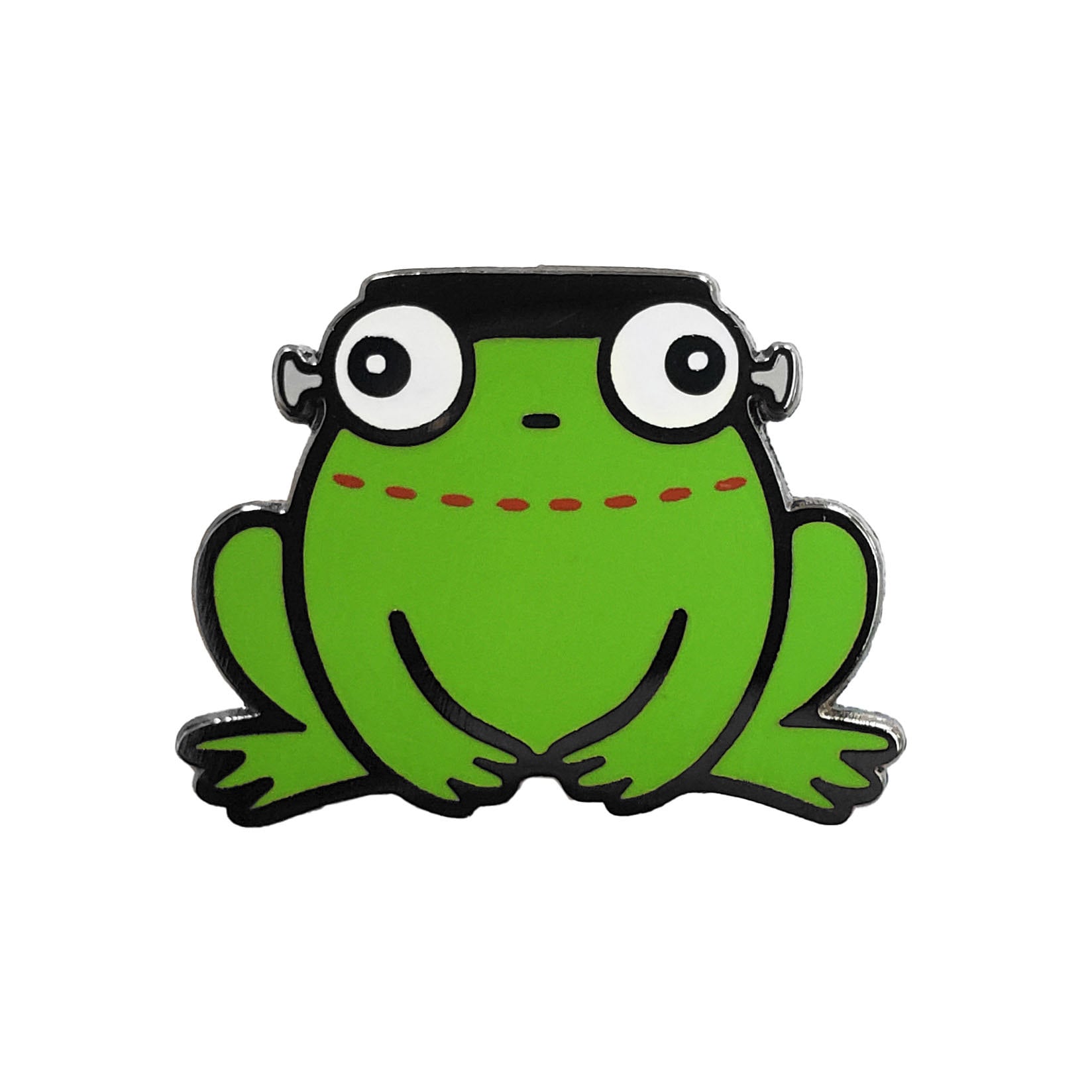Kolorspun's Frankenstein Frog Golf Ball Marker features a green frog with wide eyes, a flat black band on its head, and a red dashed mouth—an ideal quirky golf gift or fun custom ball marker for any golfer.