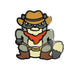 The Kolorspun Cowboy Raccoon Golf Ball Marker features a cartoon raccoon in cowboy hat, bandana, glasses, boots, and "TRASH" belt buckle—ideal as a fun magnetic ball marker or unique custom golf gift.