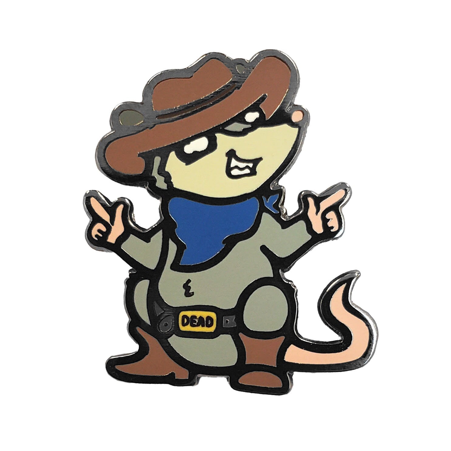 The Kolorspun Cowboy Possum Golf Ball Marker features a possum in a cowboy hat, blue bandana, brown boots, and DEAD buckle—smiling and pointing finger guns—making it the perfect unique golf gift or custom marker.