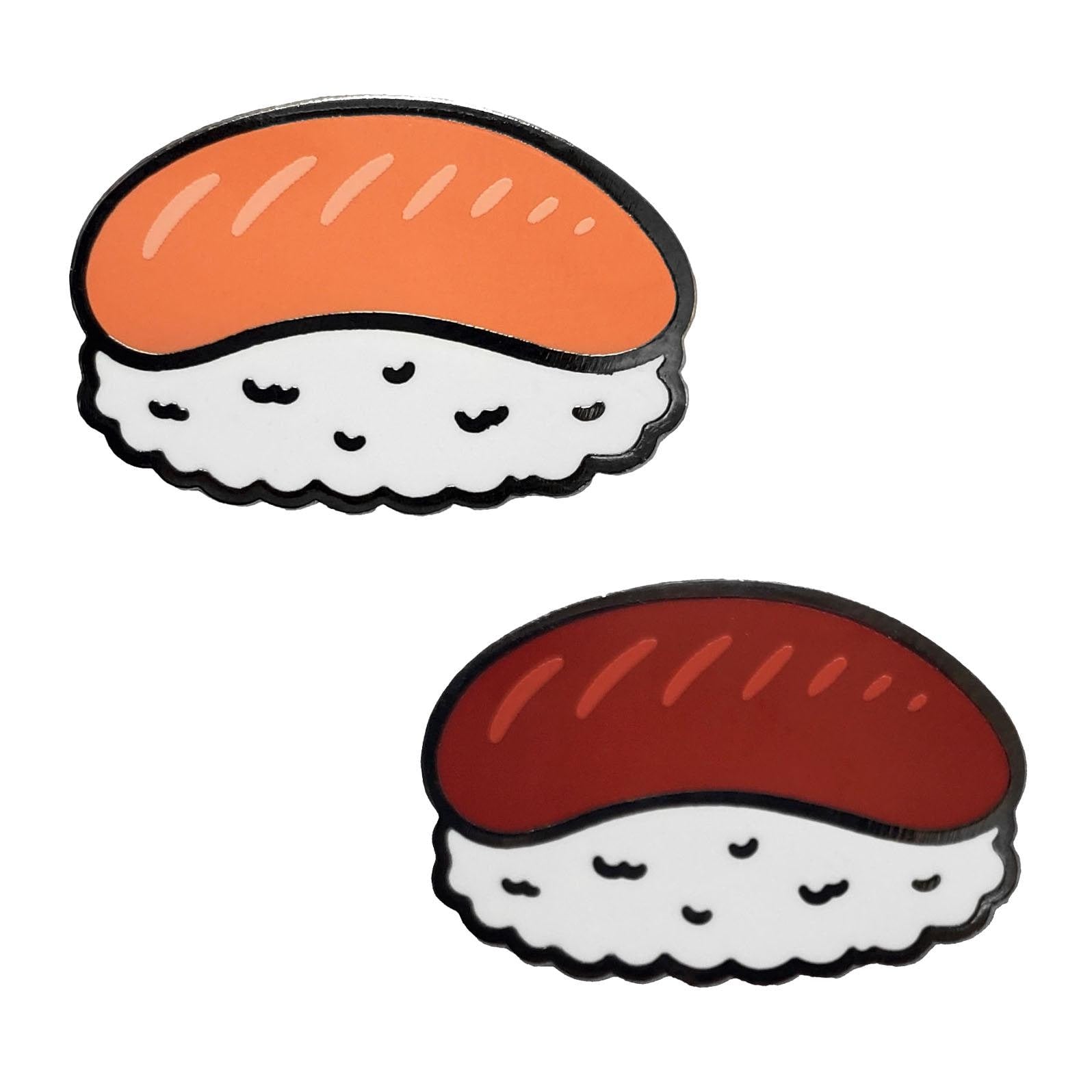 Kolorspun's Sushi Golf Ball Marker features two illustrated sushi pieces—one with salmon, the other with tuna—making a unique magnetic gift for sushi-loving golfers.