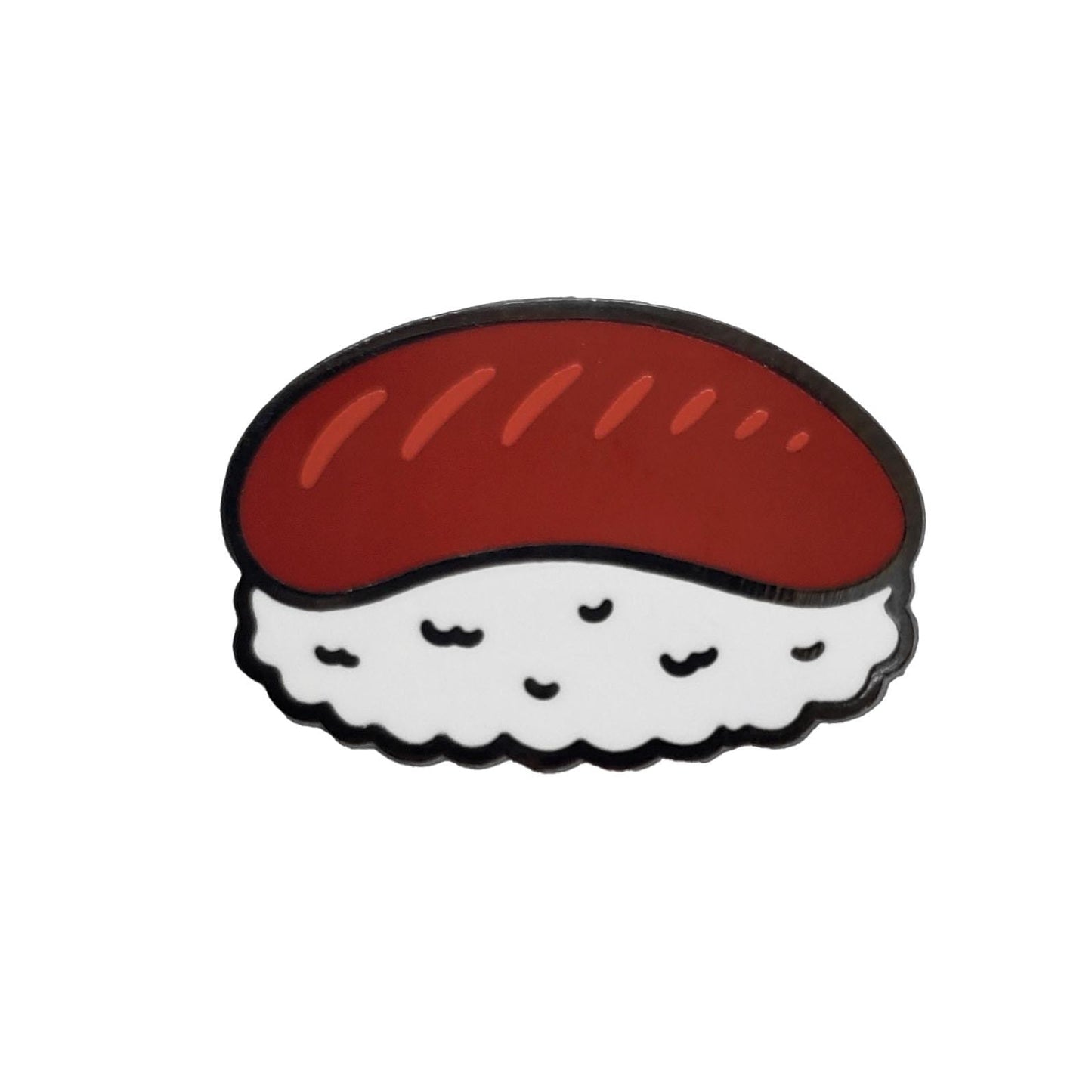 Kolorspun's Sushi Golf Ball Marker features a cartoon-style sushi with a red fish slice on white rice, outlined in black, perfect as a unique golf gift or accessory. Set against a plain white background.