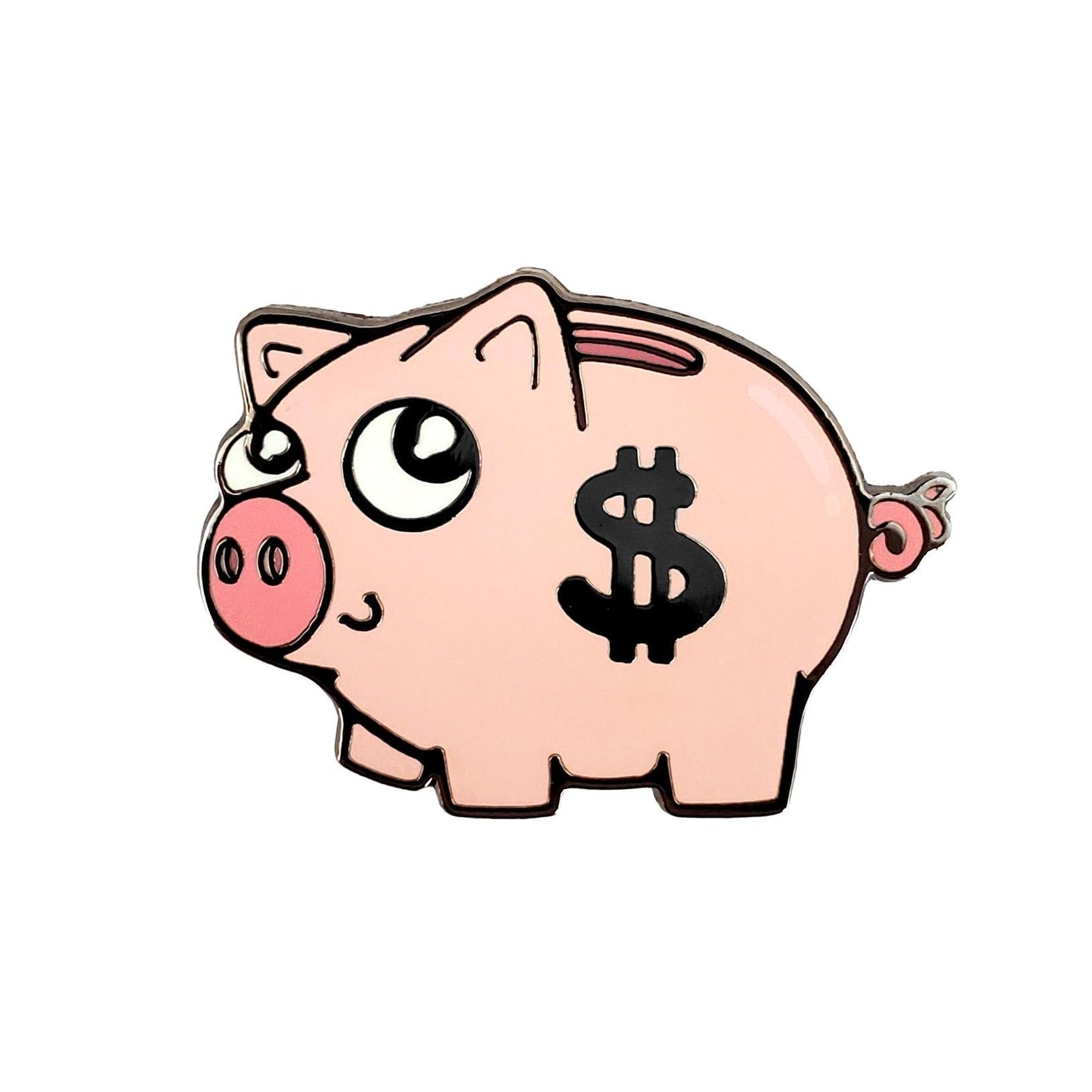 The Kolorspun Piggy Bank Golf Ball Marker features a cartoon-style pink piggy bank with a bold black dollar sign, making it a playful and unique custom golf gift or stylish magnetic ball marker.
