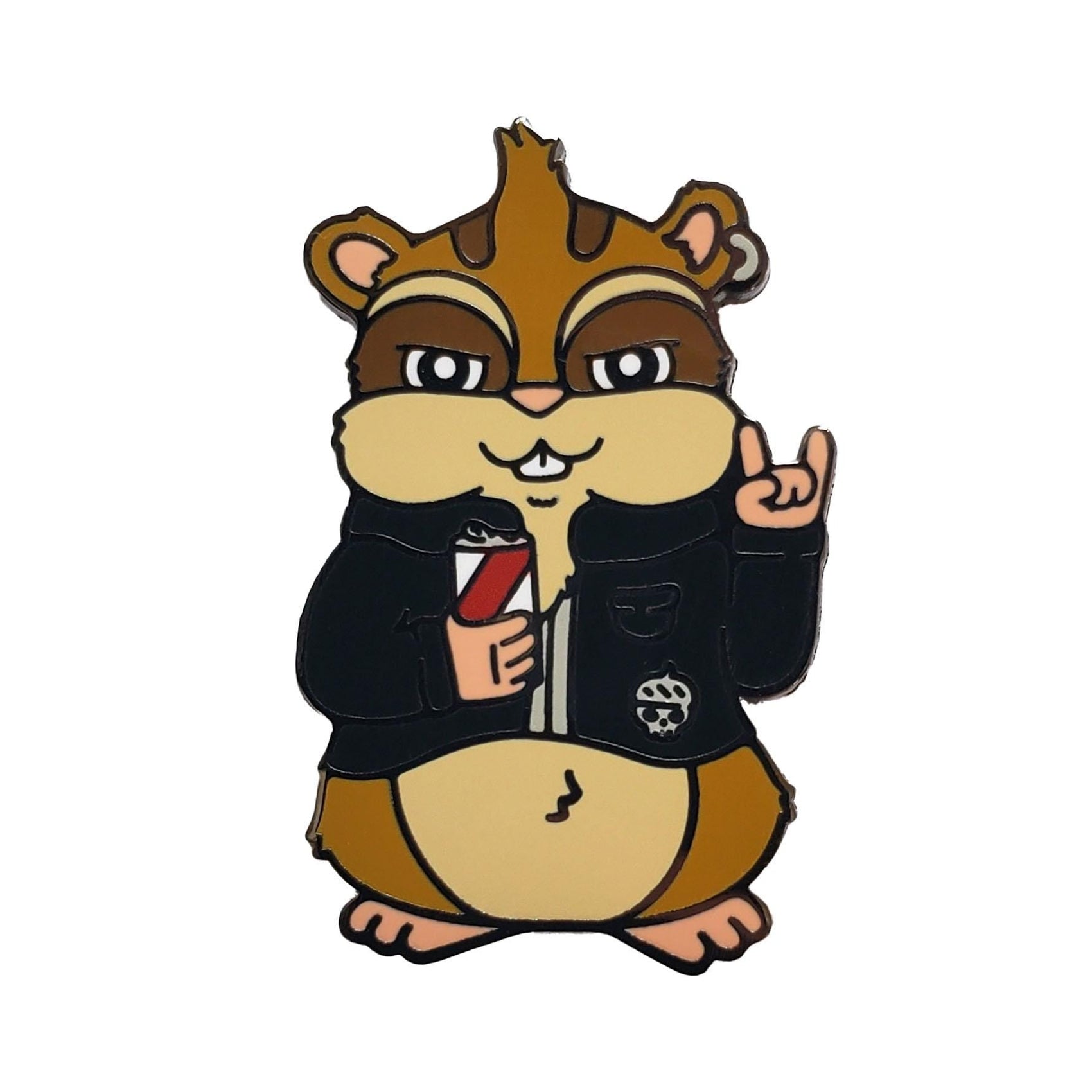 Kolorspun’s Chip Punk Chipmunk Golf Ball Marker features a cartoon chipmunk in glasses and a skull-patched jacket, holding a red and white can and making a rock on gesture—a unique golf gift that stands out on the green.