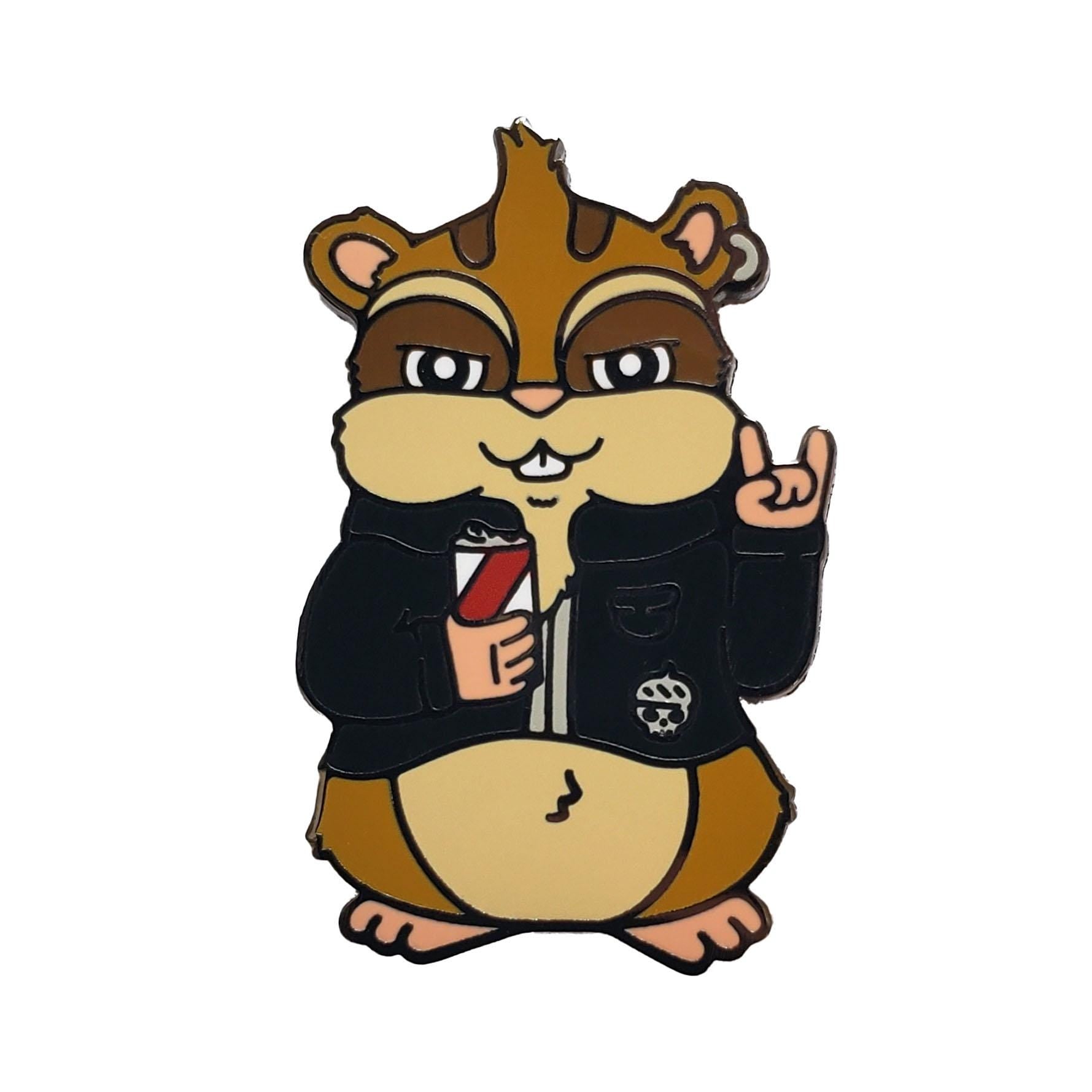 Kolorspun’s Chip Punk Chipmunk Golf Ball Marker features a cartoon chipmunk in glasses and a skull-patched jacket, holding a red and white can and making a rock on gesture—a unique golf gift that stands out on the green.