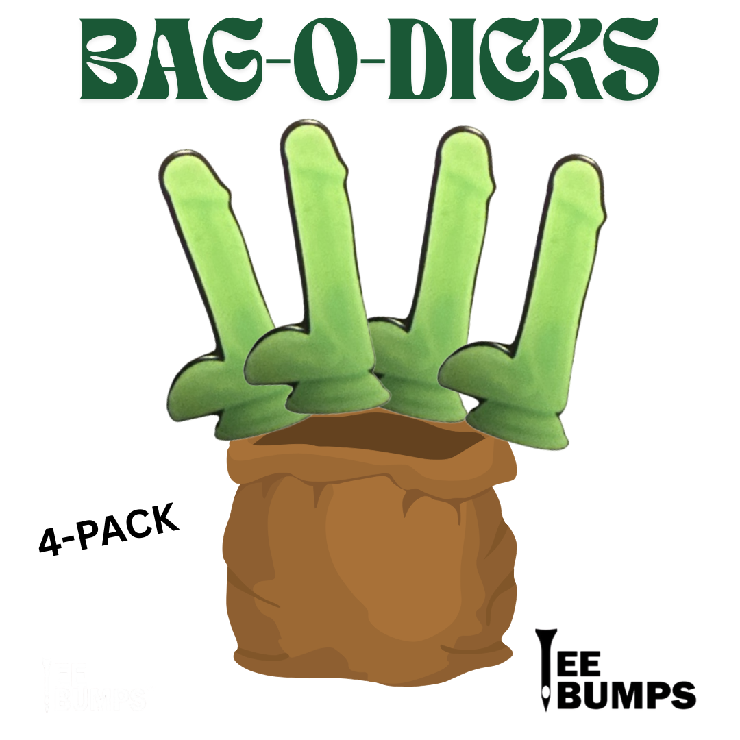 Illustration of a brown sack filled with four green, cartoonish, phallic-shaped objects. Text reads BAG-O-DICKS Ball Markers (4-pack) by Golf Gear Heaven with TEE BUMPS and a pen graphic shown as a playful ball marker.