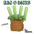 Illustration of a brown sack filled with four green, cartoonish, phallic-shaped objects. Text reads BAG-O-DICKS Ball Markers (4-pack) by Golf Gear Heaven with TEE BUMPS and a pen graphic shown as a playful ball marker.