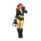 Illustration of a red-haired woman in biker attire holding the Biker Girl Ball Marker by Ballmarkers.com, styled as a white helmet with a red stripe.