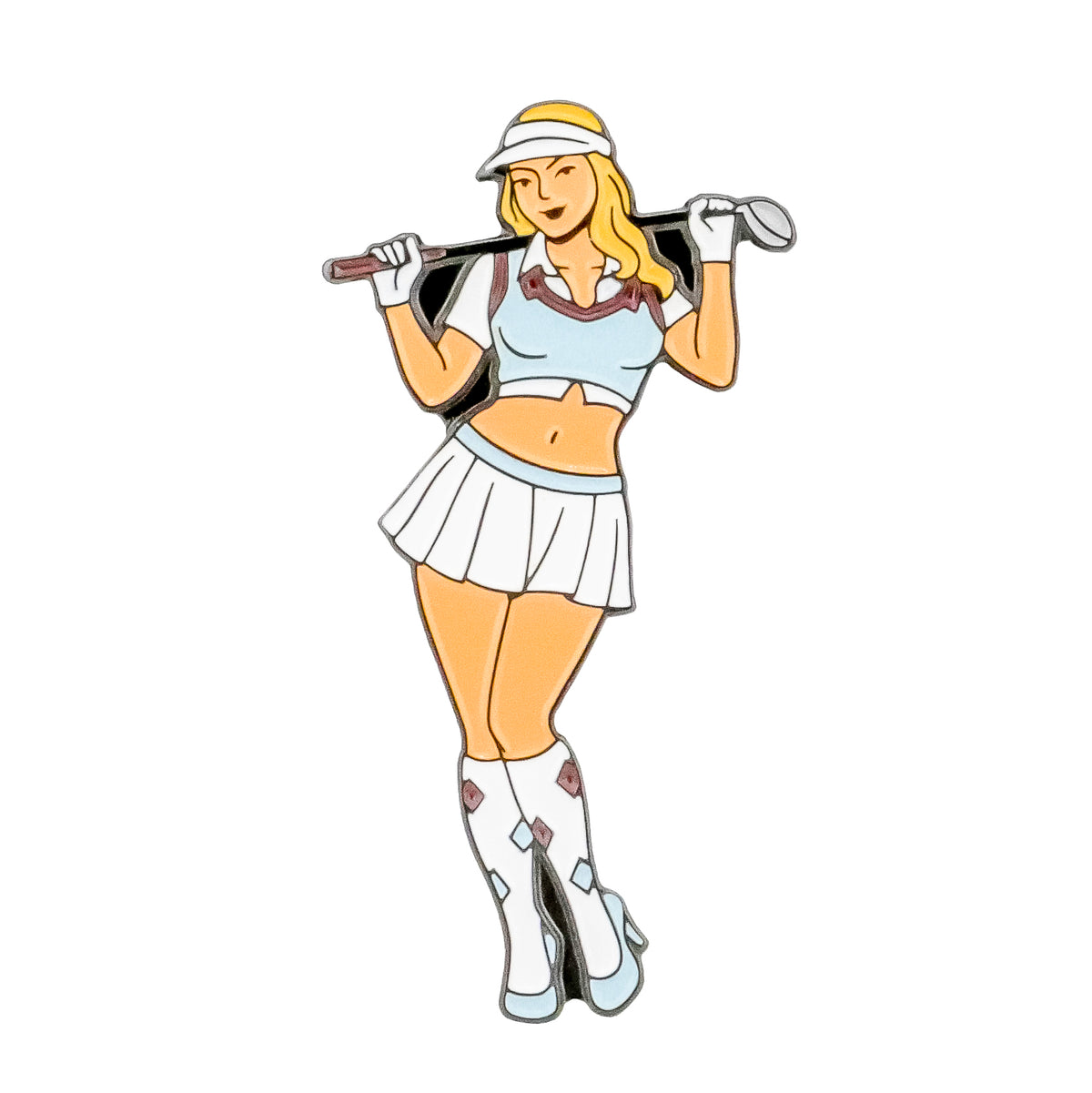 Golfer Girl Ball Marker by Ballmarkers.com features a cartoon blonde woman golfer in golf attire, club over her shoulders—a fun accessory and gift for golfers with a confident pose and charming smile.