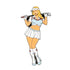 Golfer Girl Ball Marker by Ballmarkers.com features a cartoon blonde woman golfer in golf attire, club over her shoulders—a fun accessory and gift for golfers with a confident pose and charming smile.