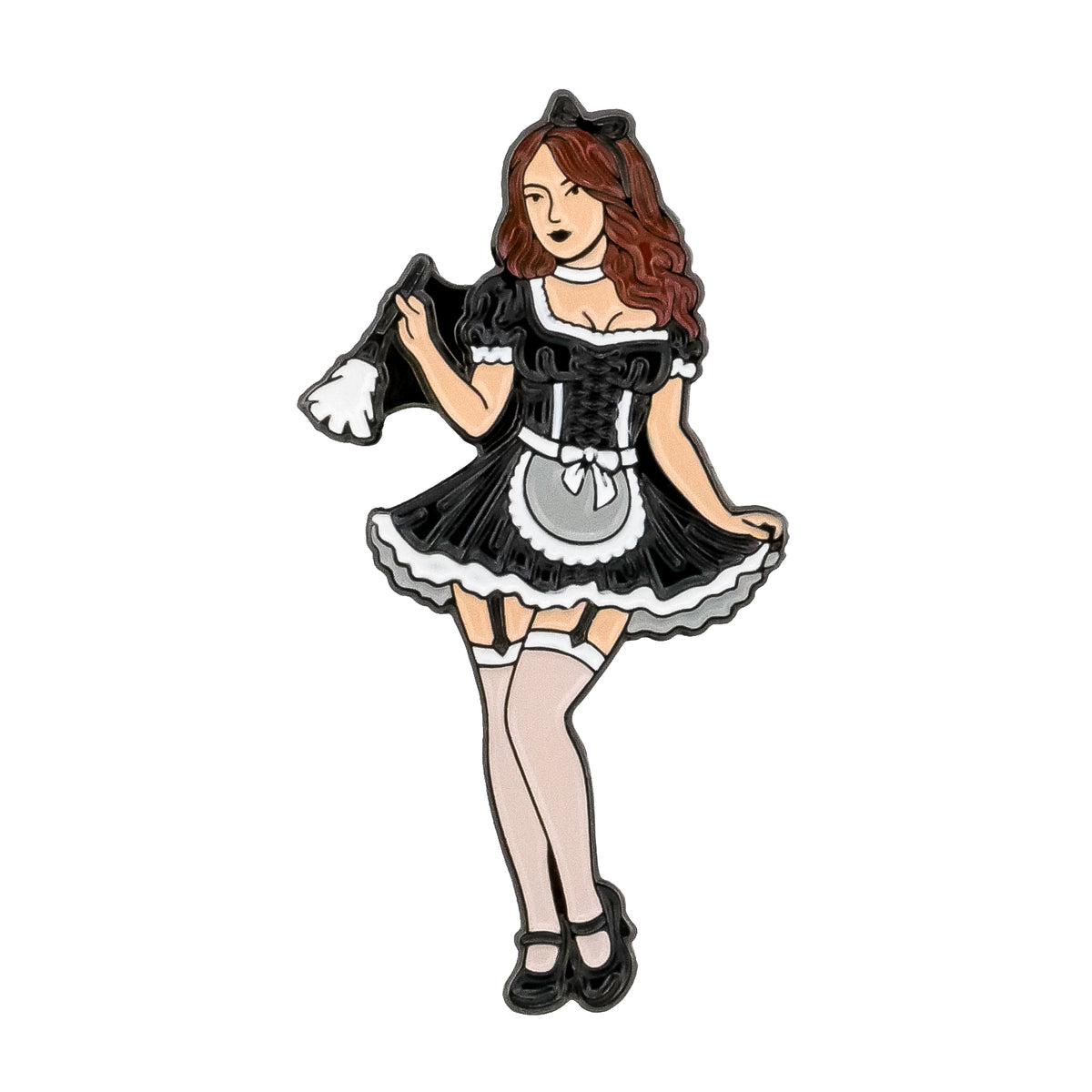 Sexy Maid Ball Marker by Ballmarkers.com—features a woman in a classic black and white maid outfit holding a feather duster, perfect for adding unique style to your golf game.