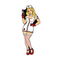 A cartoon blonde nurse in a white uniform and red shoes holds a syringe, wearing stockings and gloves, with the Punk Rock Nurse Ball Marker from Ballmarkers.com as a fun golf accessory on a white background.
