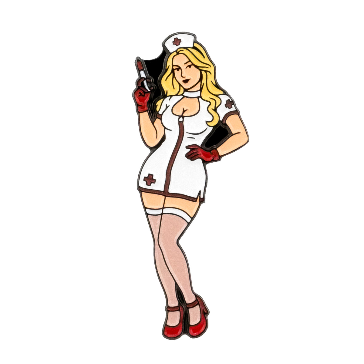 A cartoon blonde nurse in a white uniform and red shoes holds a syringe, wearing stockings and gloves, with the Punk Rock Nurse Ball Marker from Ballmarkers.com as a fun golf accessory on a white background.