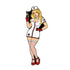 A cartoon blonde nurse in a white uniform and red shoes holds a syringe, wearing stockings and gloves, with the Punk Rock Nurse Ball Marker from Ballmarkers.com as a fun golf accessory on a white background.