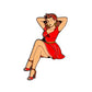 The Pin-up Girl Ball Marker by Ballmarkers.com features a vintage-style illustration of a brunette woman in a red dress and heels, sitting with crossed legs and smiling—ideal for golf enthusiasts.