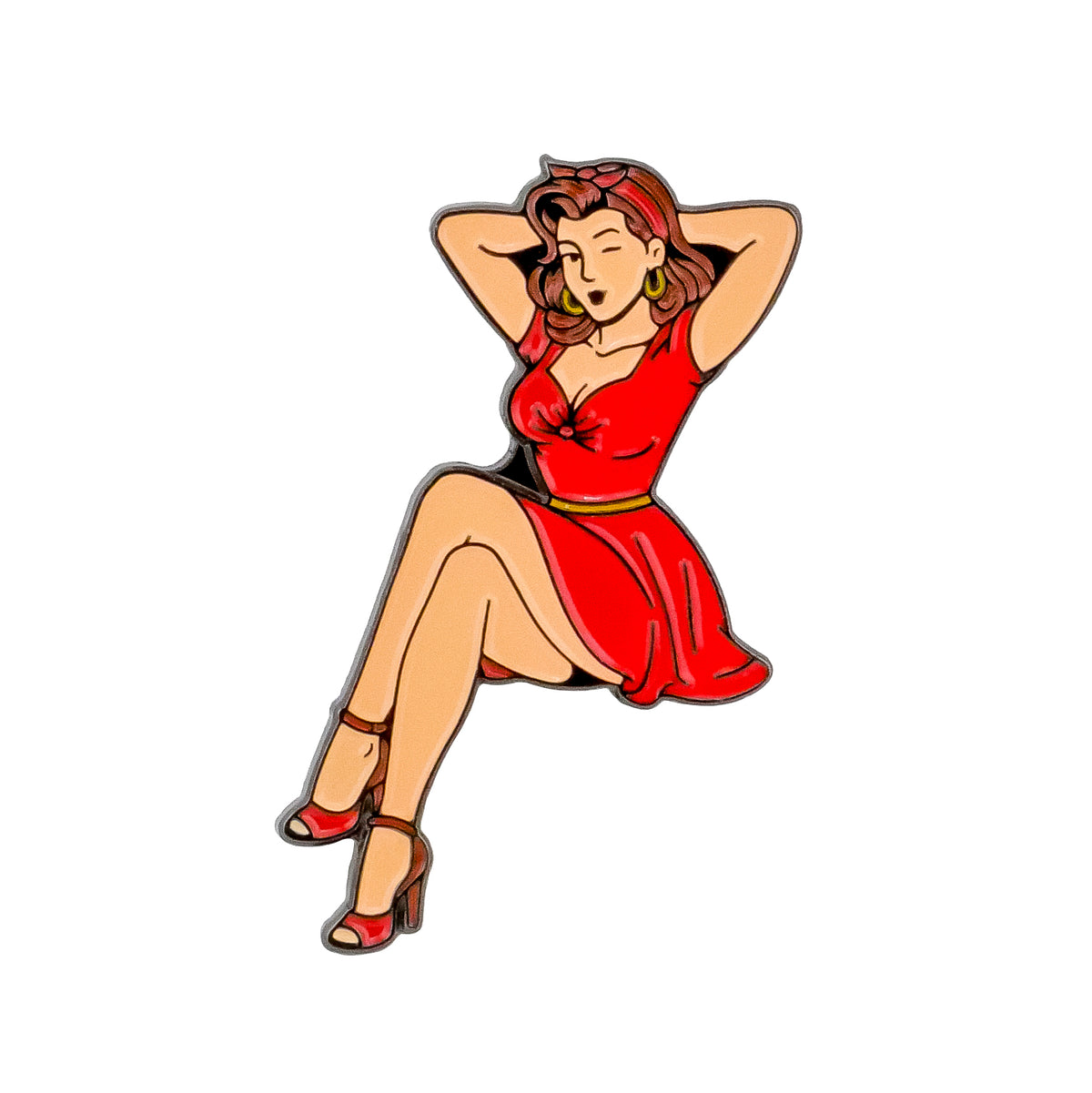 The Pin-up Girl Ball Marker by Ballmarkers.com features a vintage-style illustration of a brunette woman in a red dress and heels, sitting with crossed legs and smiling—ideal for golf enthusiasts.