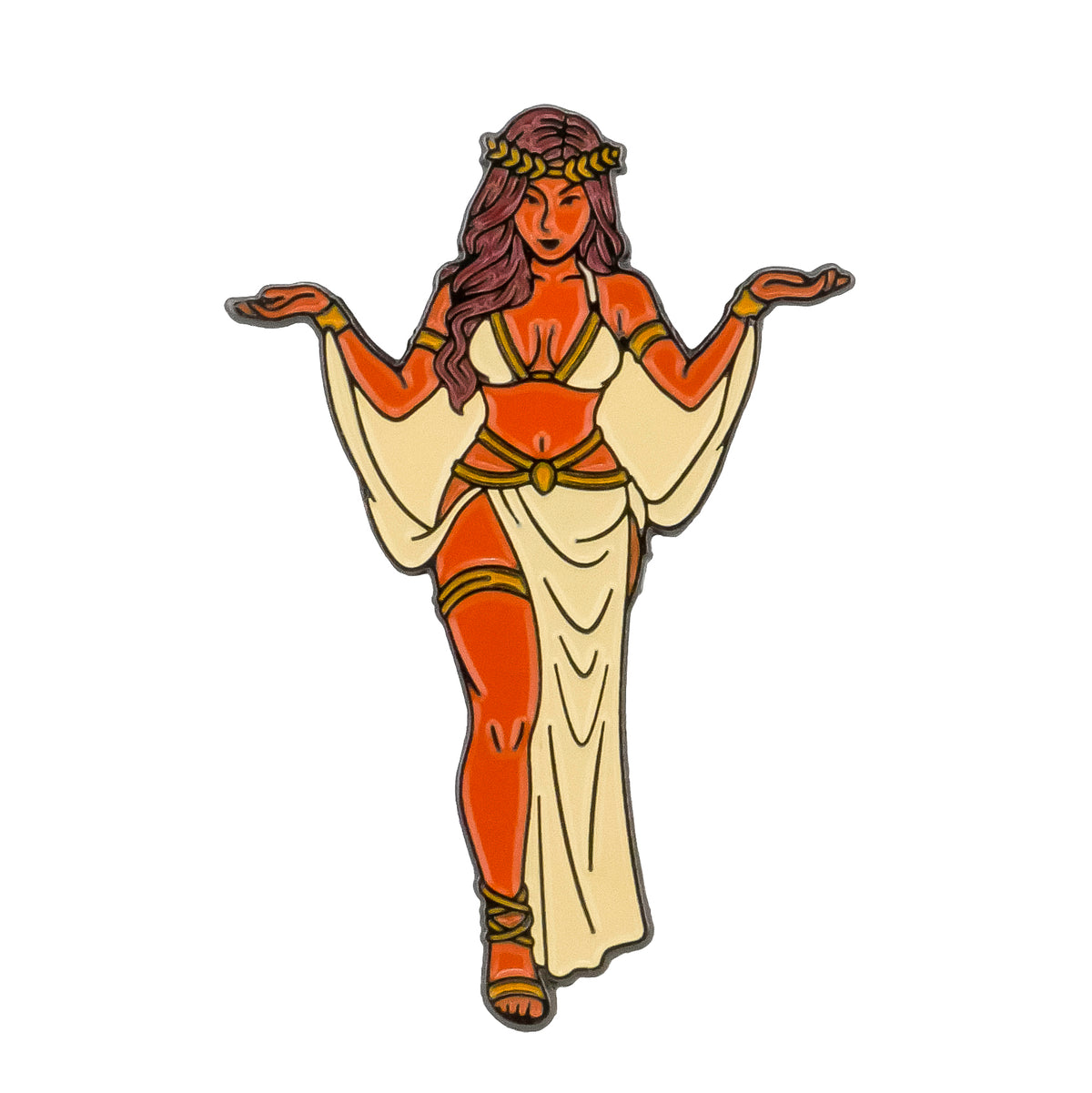Illustration of a woman with red-orange skin, wavy hair, laurel crown, and cream toga—an inspiring muse for the Toga Goddess Ball Marker by Ballmarkers.com.