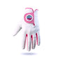 Showcased palm forward against a white background, Logie Joe’s Cabretta Leather Golf Glove from Logie Joe’s Golf features premium Cabretta leather craftsmanship, pink trim detailing, and a distinctive circular pink-and-blue logo with an integrated magnetic ball marker on the wrist.