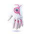 Showcased palm forward against a white background, Logie Joe’s Cabretta Leather Golf Glove from Logie Joe’s Golf features premium Cabretta leather craftsmanship, pink trim detailing, and a distinctive circular pink-and-blue logo with an integrated magnetic ball marker on the wrist.