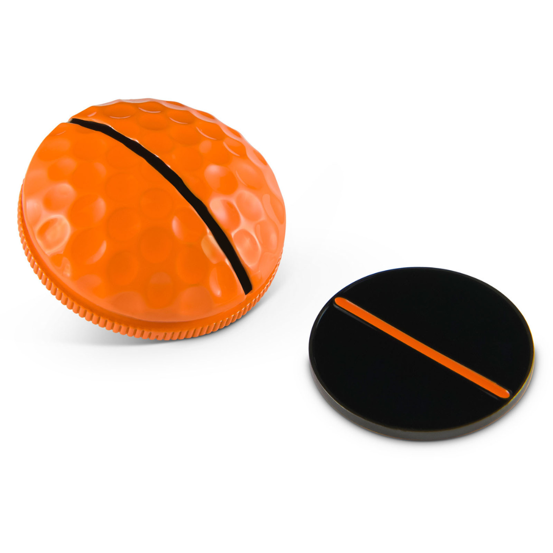 The One Rail Ball Markers by OnPointGolf.us feature an orange, golf ball-shaped case with a black slit and a round, flat black marker accented by an orange stripe—an ideal putting aid for use on the green.