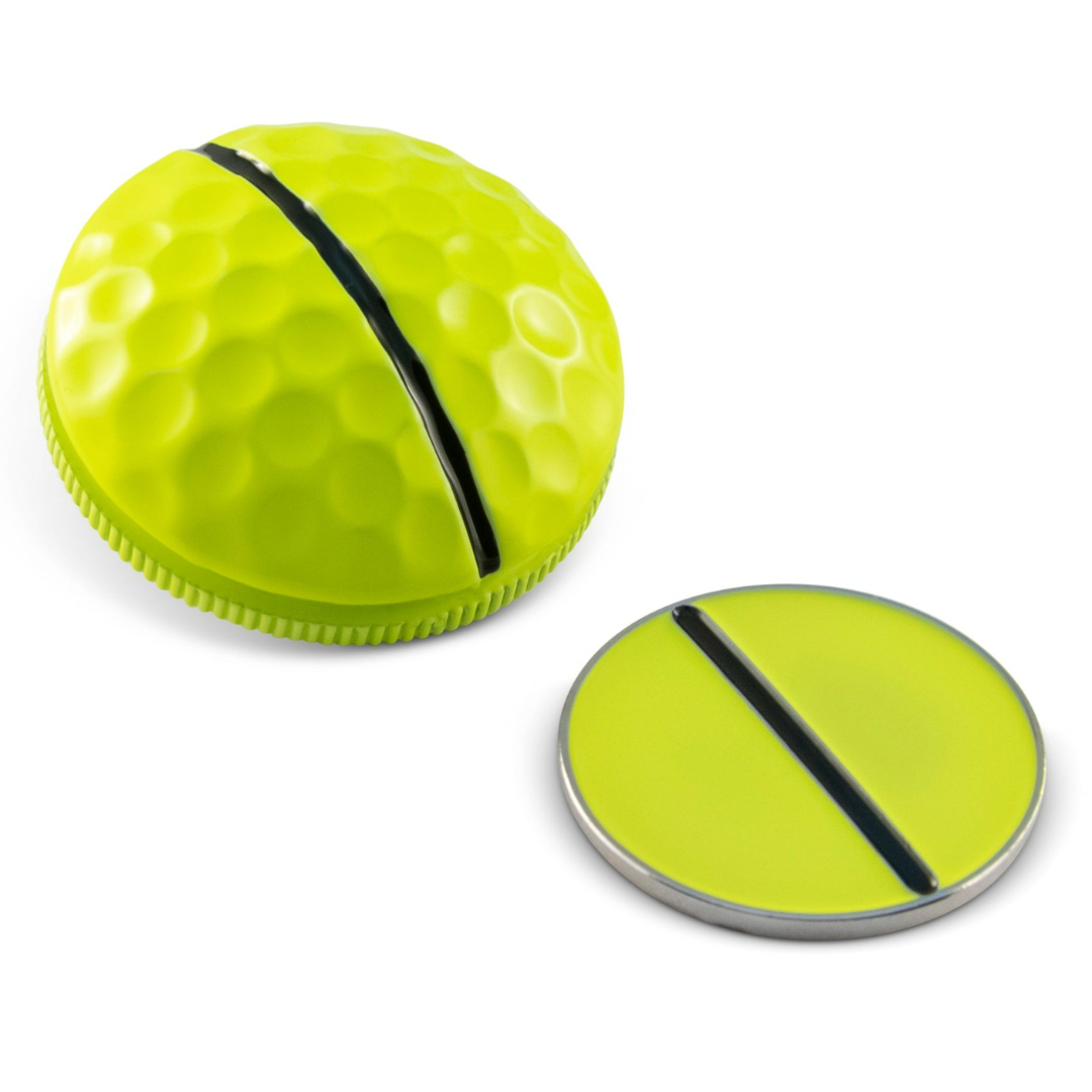 The One Rail Ball Markers by OnPointGolf.us include a yellow, dimpled, golf ball-shaped alignment tool with a black center line and a matching 3D ball marker, both featuring black lines, displayed on a white background.