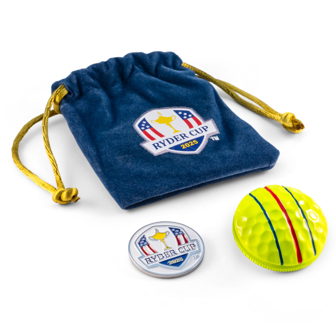 The ON POINT 3D Ball Marker — Ryder Cup Edition by OnPointGolf.us, featuring a round coin, a yellow ball marker with red and blue lines, and a blue velvet pouch with the Ryder Cup 2023 logo, is displayed on a white background.