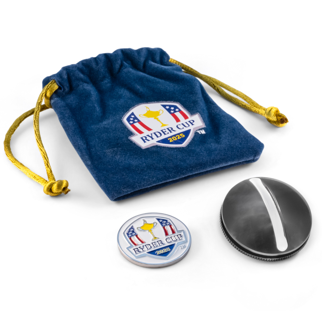 A blue OnPointGolf.us drawstring pouch with a Ryder Cup 2023 logo is shown beside two ON POINT 3D Ball Marker — Ryder Cup Edition markers: one is a 3D Ryder Cup design; the other has a silver stripe, all set on a white background.