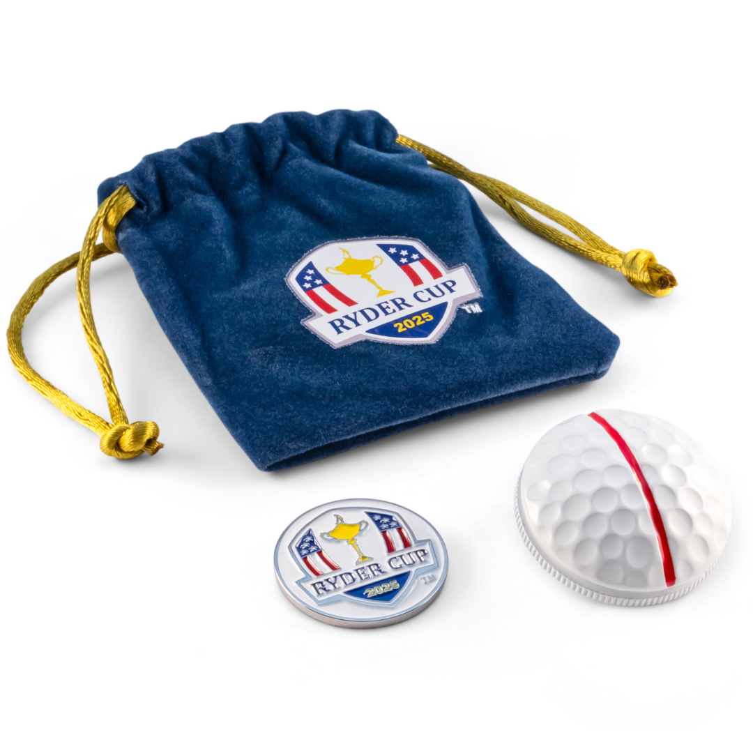 The ON POINT 3D Ball Marker — Ryder Cup Edition by OnPointGolf.us is shown with a blue drawstring pouch featuring the Ryder Cup 2025 logo and a golf ball-shaped case with a red stripe, all set against a white background.