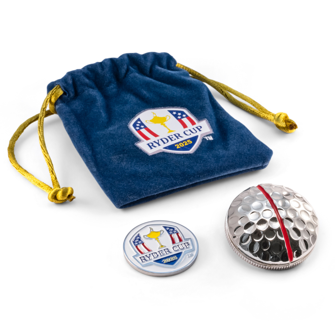 The ON POINT 3D Ball Marker — Ryder Cup Edition by OnPointGolf.us, a blue drawstring bag with the Ryder Cup 2023 logo, a round ball marker, and a silver golf alignment tool with red stripe are shown on a white background.