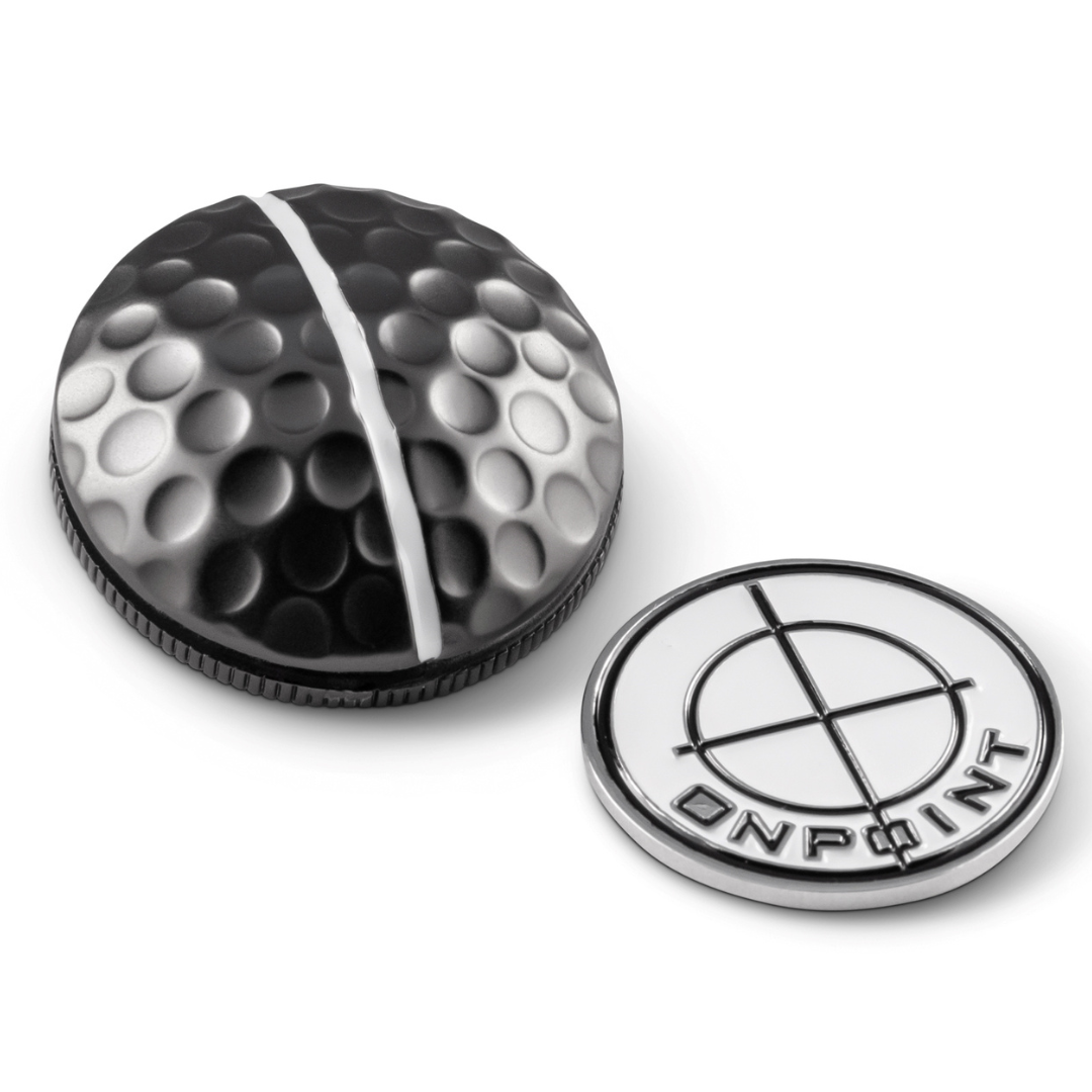 The One Rail Ball Markers by OnPointGolf.us feature a black and white golf ball-style putting aid paired with a 3D target-design ball marker labeled "ONPOINT" at the bottom.