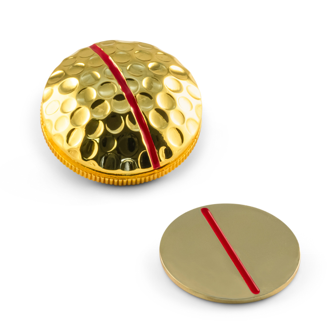 On a white background, One Rail Ball Markers by OnPointGolf.us feature gold dimpled 3D and flat alignment tools, each with a bold red center line for precision.