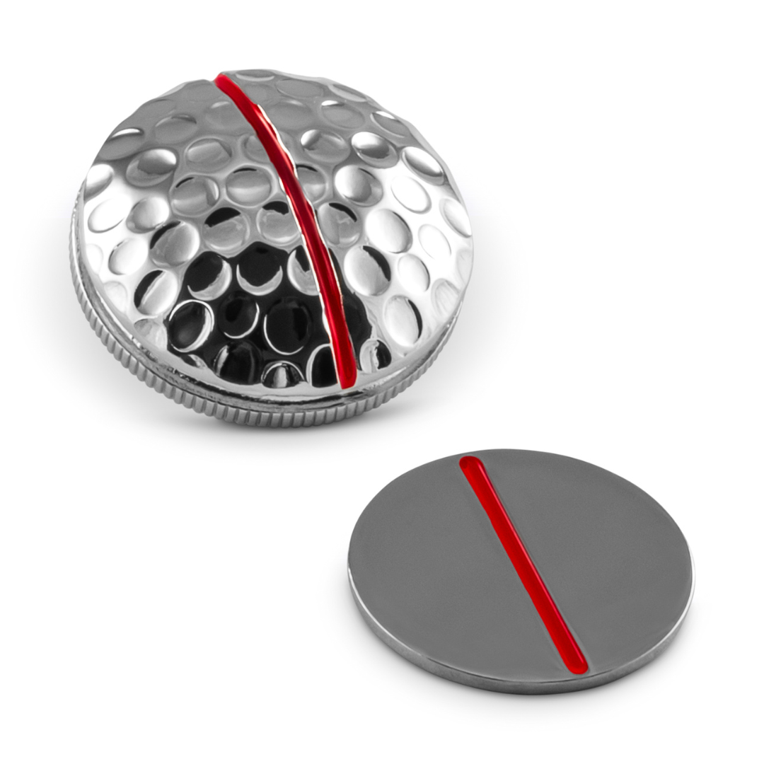 The One Rail Ball Markers by OnPointGolf.us include a round silver 3D ball marker and matching flat alignment tool, each with a bold red center line, shown on a white background.