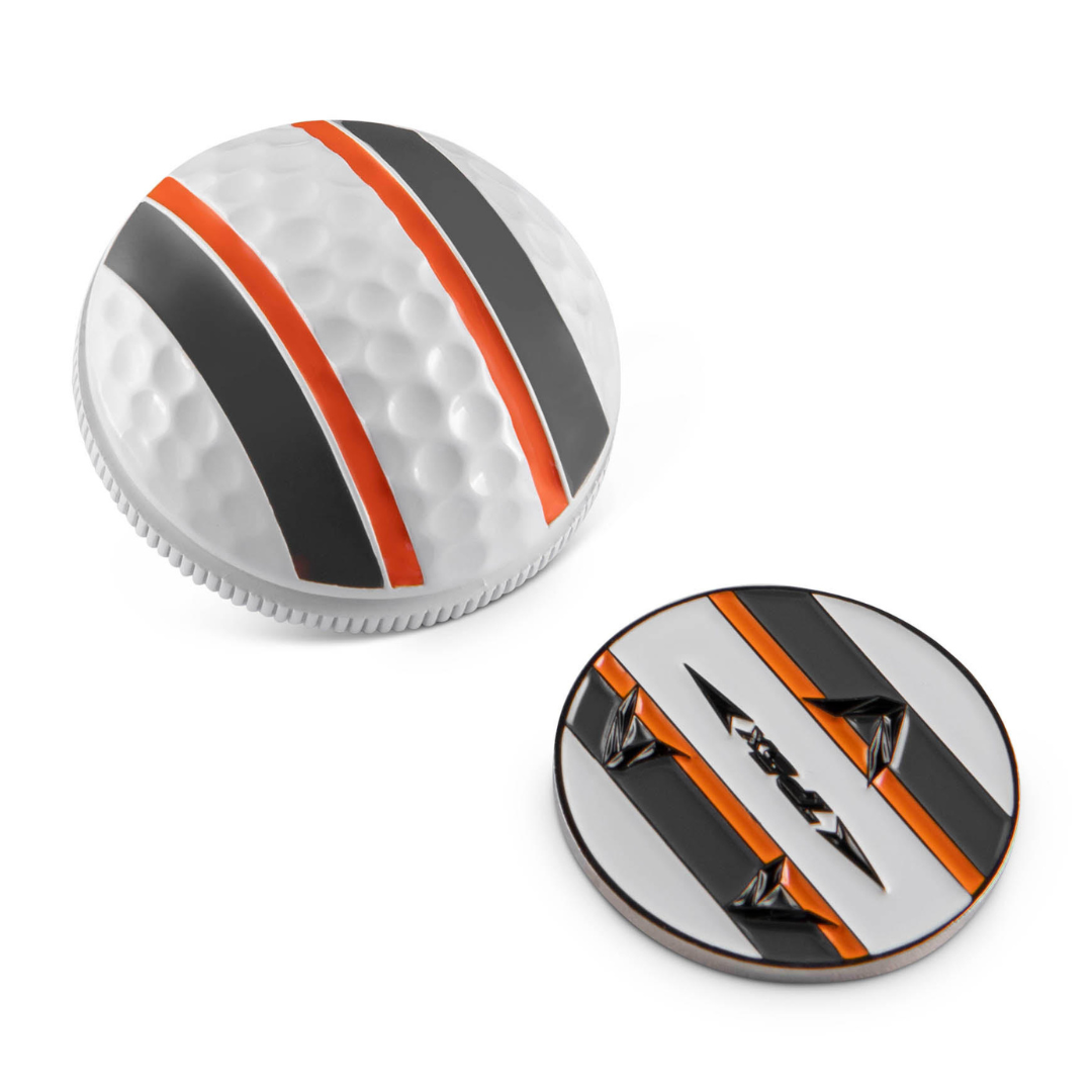 The OnPointGolf.us Two Rail Ball Marker set includes a 3D dimpled ball marker and a matching flat marker, both featuring orange, black, and gray diagonal stripes—stylish putting aids designed for the green.