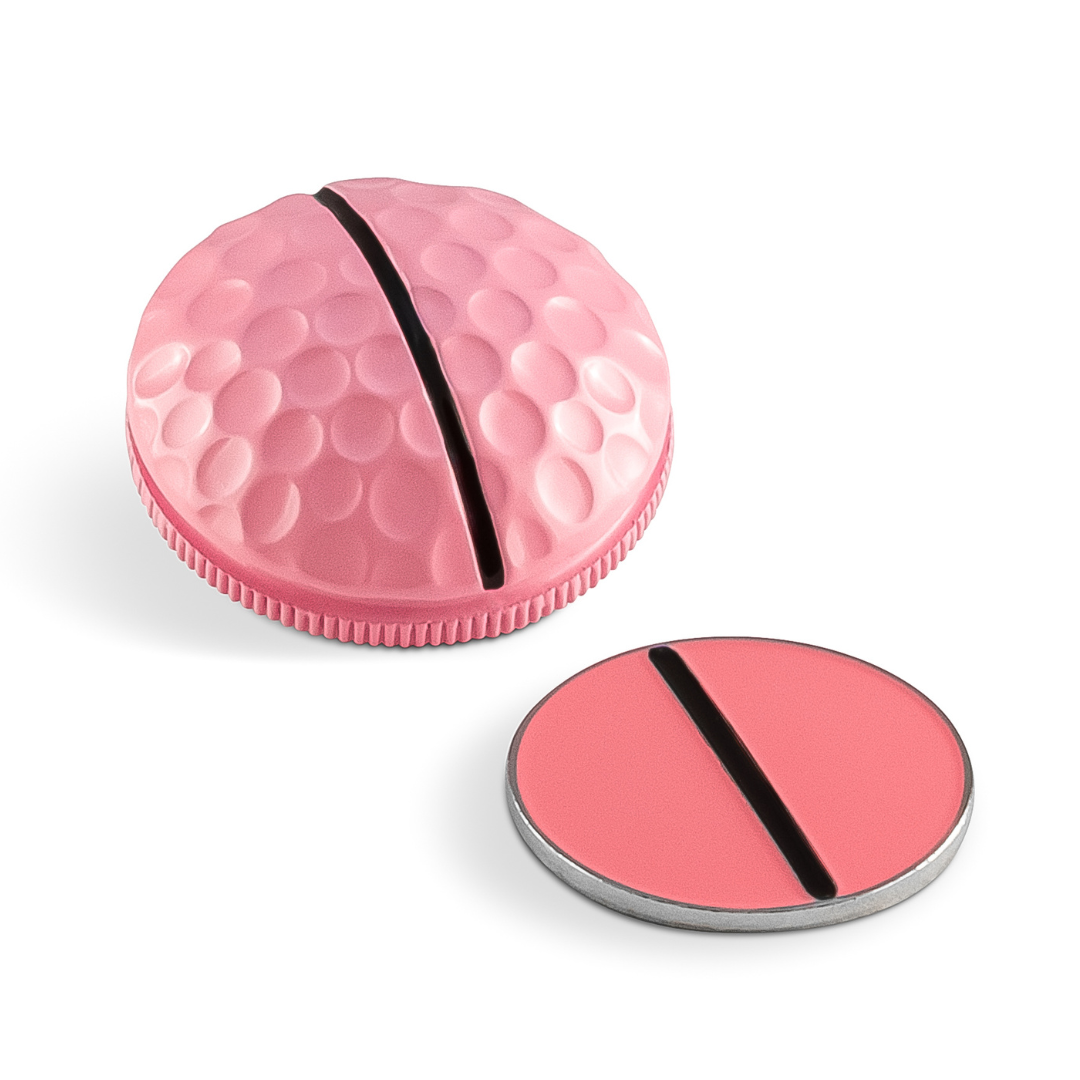 On a white background, the OnPointGolf.us One Rail Ball Markers set shows a round, textured pink 3D marker with a black line beside a flat, smooth pink disc—both designed as golf alignment tools.