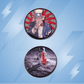 The Byrd, LLC BYRD BALL MARKERS - Merica: Two circular pins—one with Uncle Sam in a blue suit on a red burst, one with an astronaut on the moon and red lightning bolt. Use as golf ball markers or magnetic golf accessories.