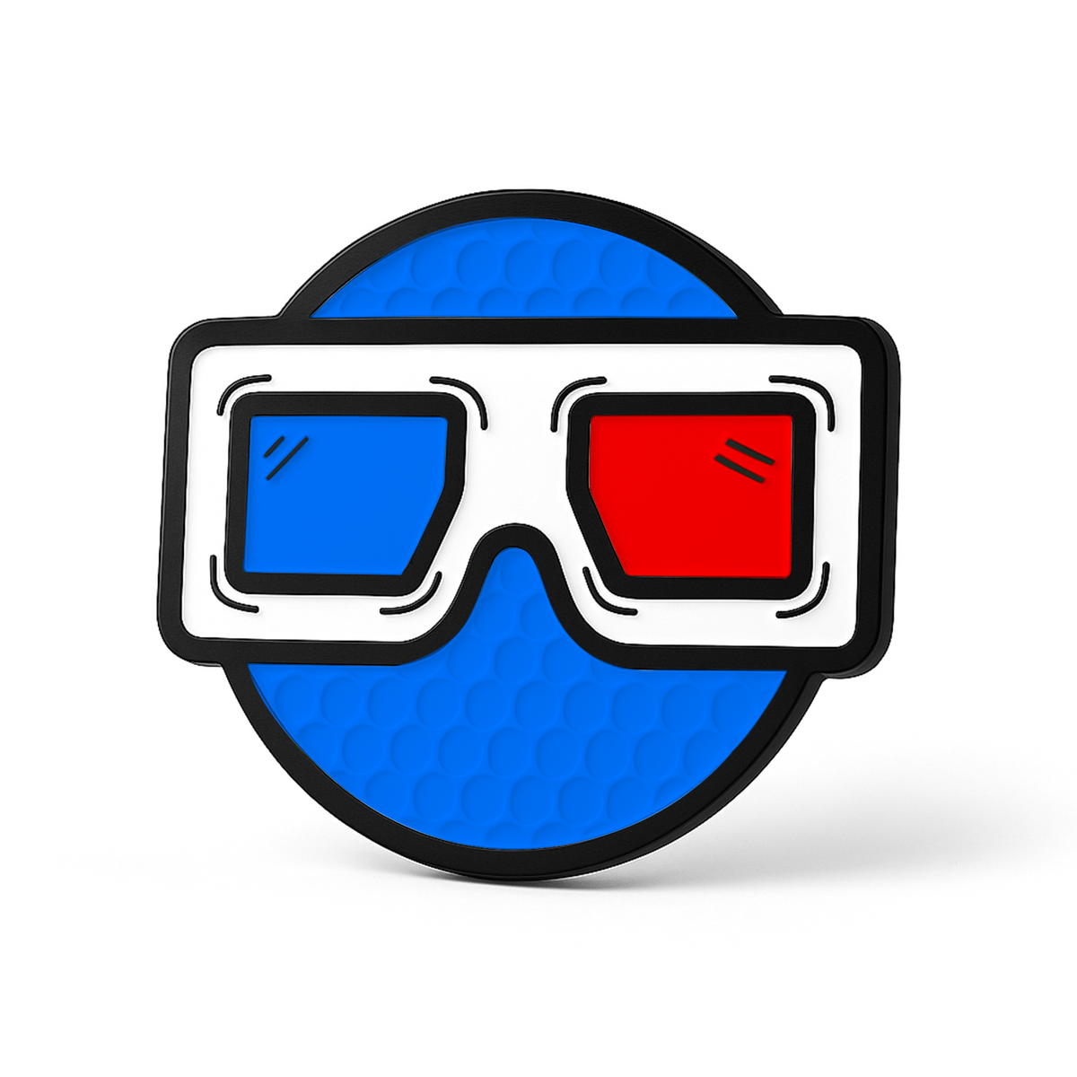 THE BLURRD PREMIUM BALL MARKER by BLURRD is a blue circular magnetic marker featuring white 3D glasses with a blue left lens and red right lens on a white background—a standout golf accessory.