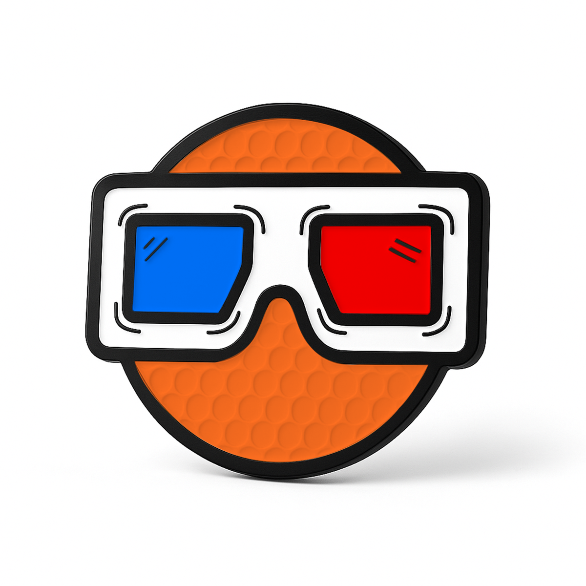 THE BLURRD PREMIUM BALL MARKER by BLURRD features an orange, textured circle with 3D white glasses (one blue, one red lens) on a white background—a fun, unique magnetic ball marker or golf accessory.