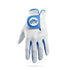Introducing the Water Ball Cabretta Leather Golf Glove by Logie Joe’s Golf—a premium glove made from supple Cabretta leather. This white glove, accented with blue trim, is displayed palm-down on a white background. Designed for comfort and breathability, it features small ventilation holes and an adjustable wrist strap adorned with a blue Logie Joe’s Golf logo patch. Plus, it includes a convenient magnetic ball marker and is available in left and right hand as well as standard and cadet sizes.